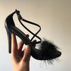 Fuzzy open-toed heels with criss-cross ankle strap